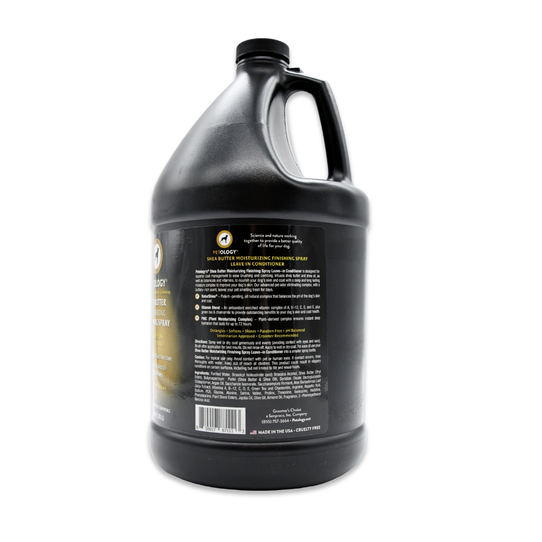 Side view of Petology Shea Butter Moisturizing Finishing Spray gallon jug, showcasing product label with description, directions and ingredients