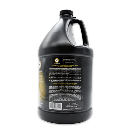 Side view of Petology Shea Butter Moisturizing Finishing Spray gallon jug, showcasing product label with description, directions and ingredients
