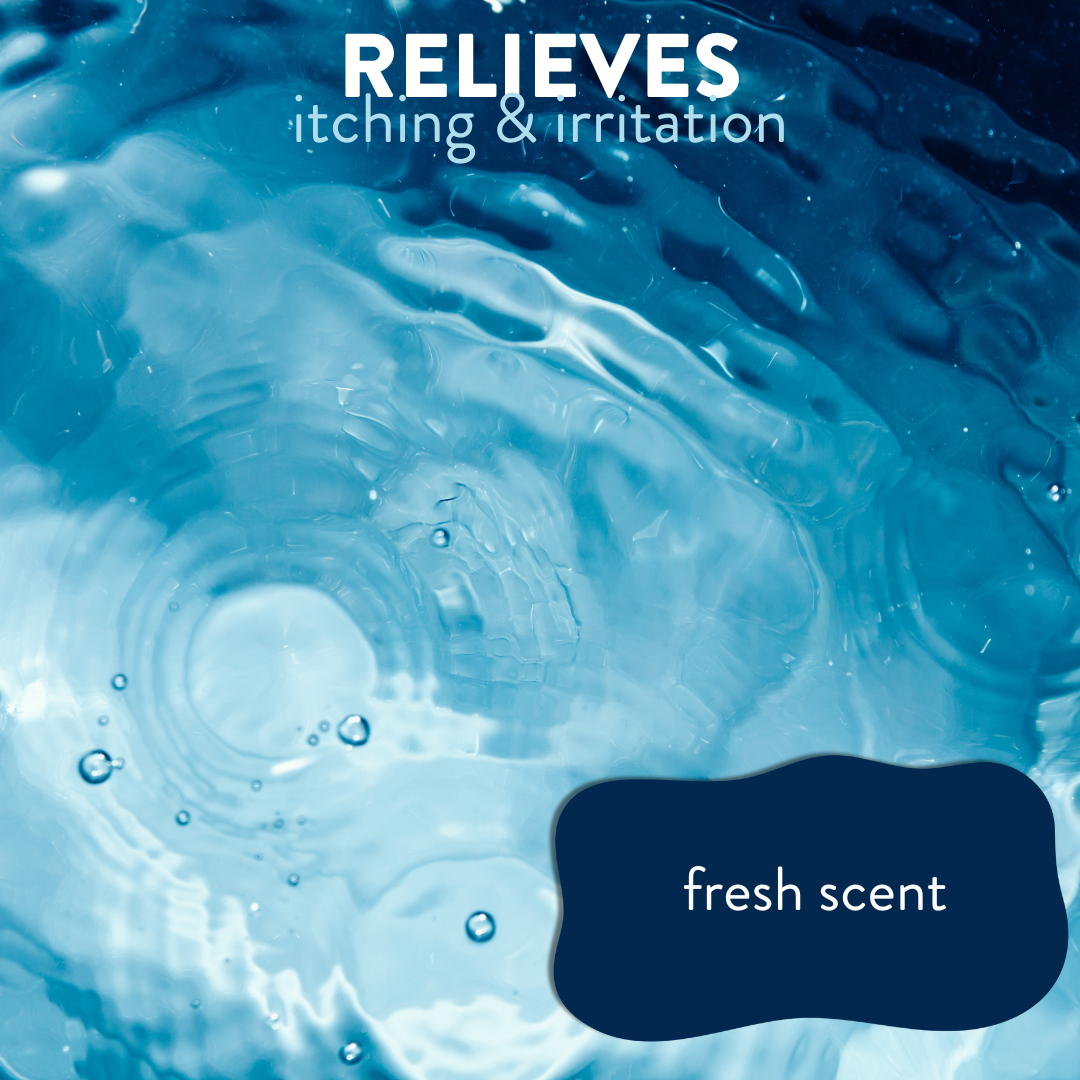Clear water below the surface disrupted by gentle ripples, accompanied by the text: 'relieves itching and irritation, fresh scent'