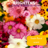 Close-up of an array of blooming flowers, accompanied by the text: 'brightens dull coats and restores shine, fresh floral scent'