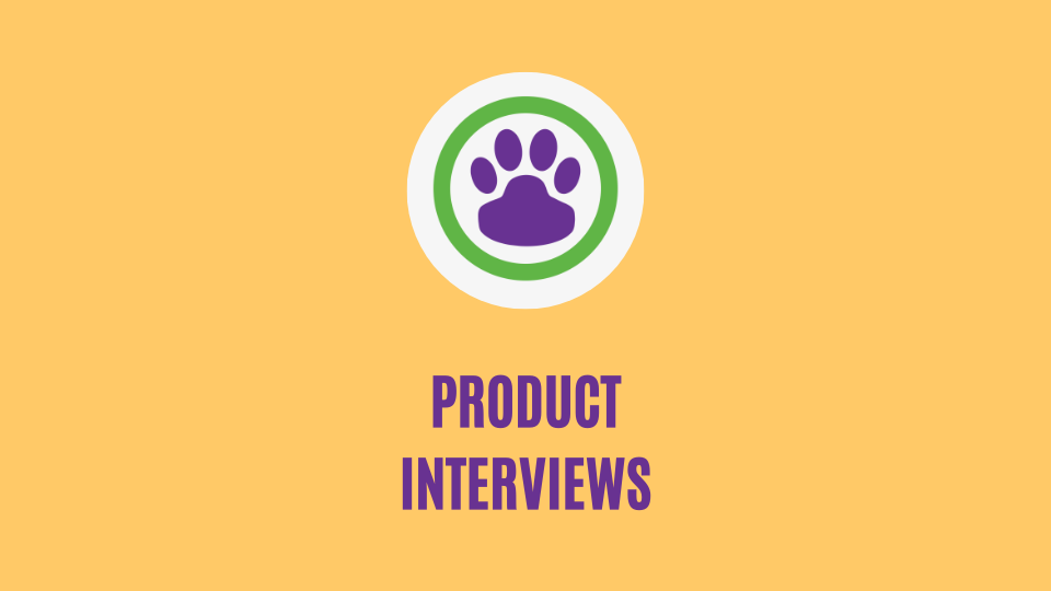 Logo with a paw print and text 'Product Interviews' on a yellow background