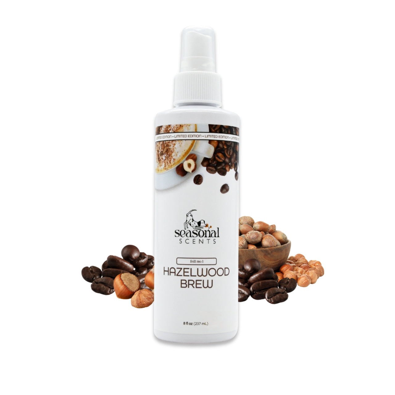 8 oz bottle of Seasonal Scents Hazelwood Brew Cologne, displayed with fresh hazelnuts and coffee beans