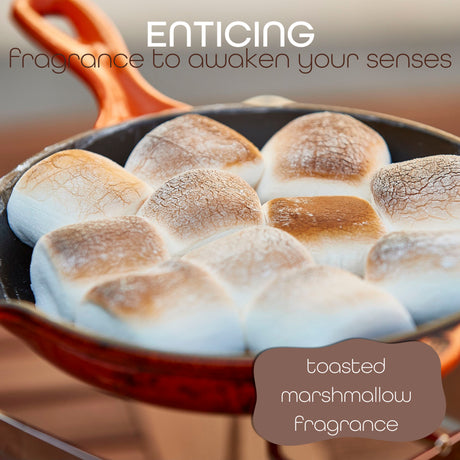 Close-up of golden-brown toasted marshmallows in a skillet with text overlay reading 'enticing fragrance to awaken your senses, Toasted Marshmallow fragrance'