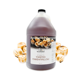 Gallon jug of Seasonal Scents Toasted Marshmallow Shampoo, displayed with golden-brown marshmallows