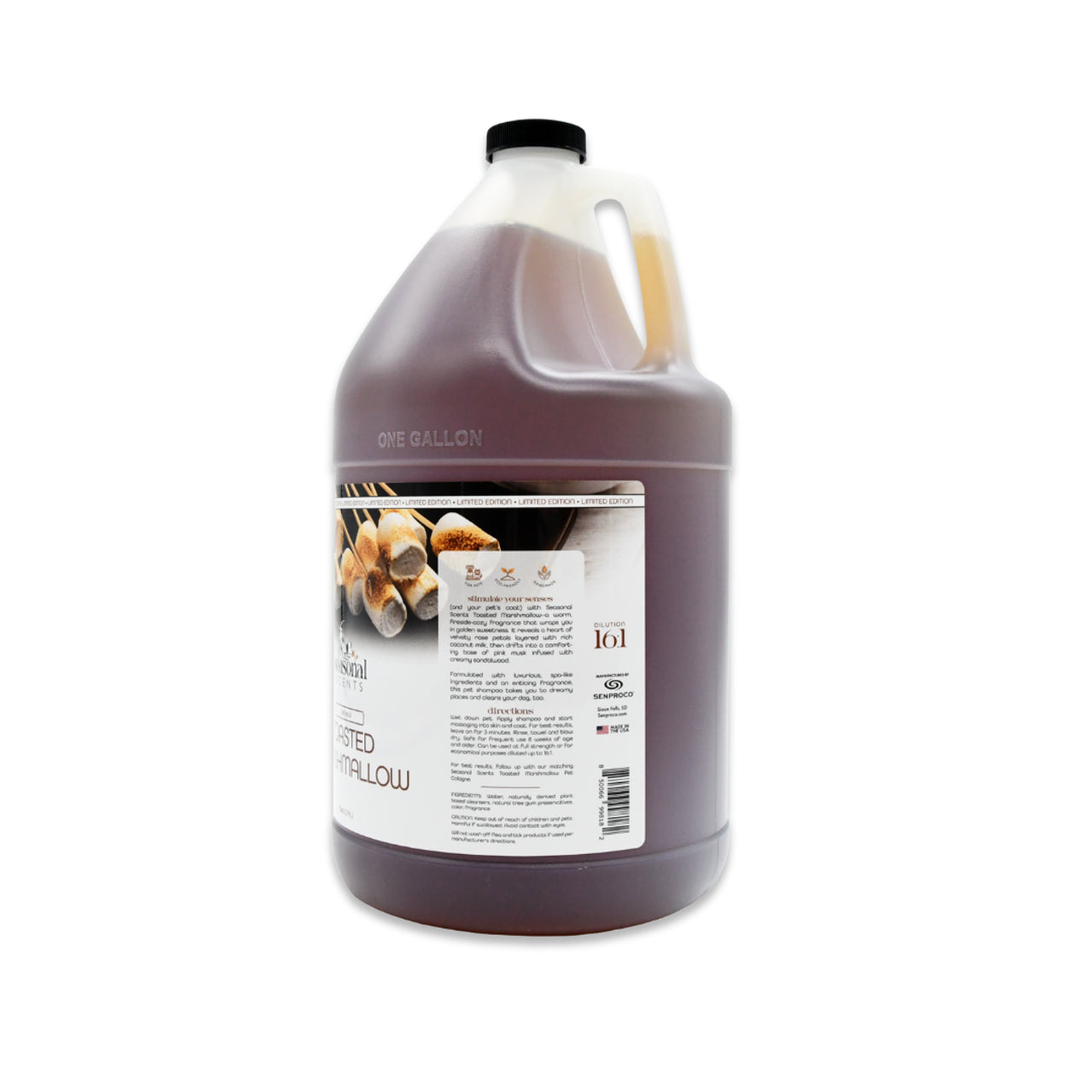 Side view of Seasonal Scents Toasted Marshmallow Shampoo gallon jug, showcasing product label with description, directions and ingredients
