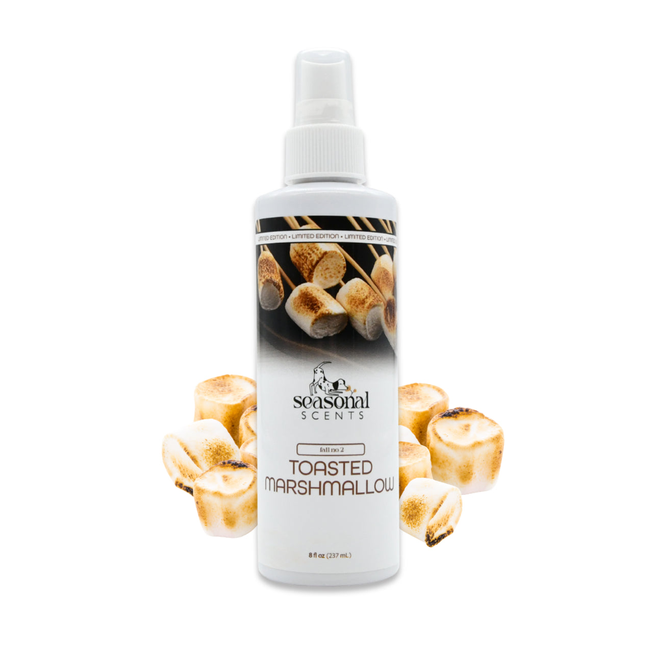 8 oz bottle of Seasonal Scents Toasted Marshmallow Cologne, displayed with golden-brown marshmallows