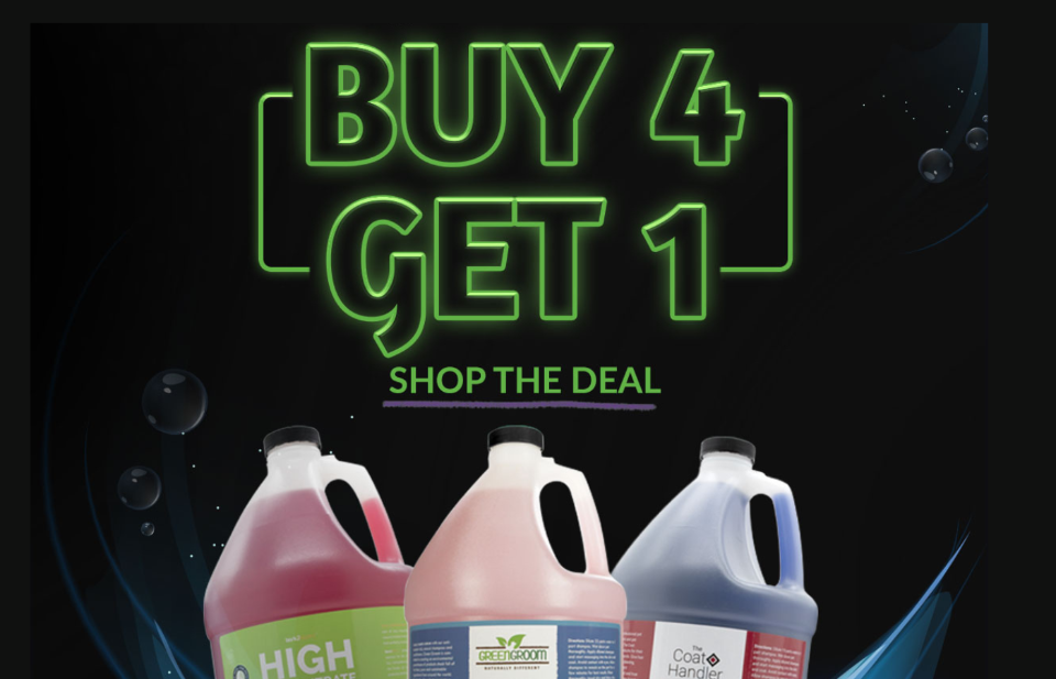 Promotional graphic with three bottles of cleaning products and neon text 'BUY 4 GET 1' on a dark background.