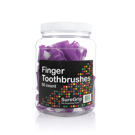 50 pack of SureGrip Finger Pet Toothbrushes on a white background
