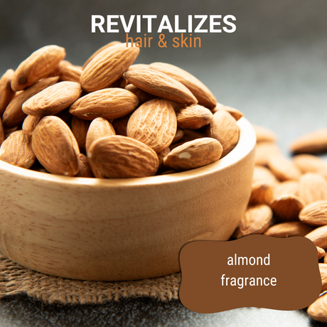Close-up of almonds in a wooden bowl accompanied by the text: 'revitalizes hair and skin, almond fragrance'