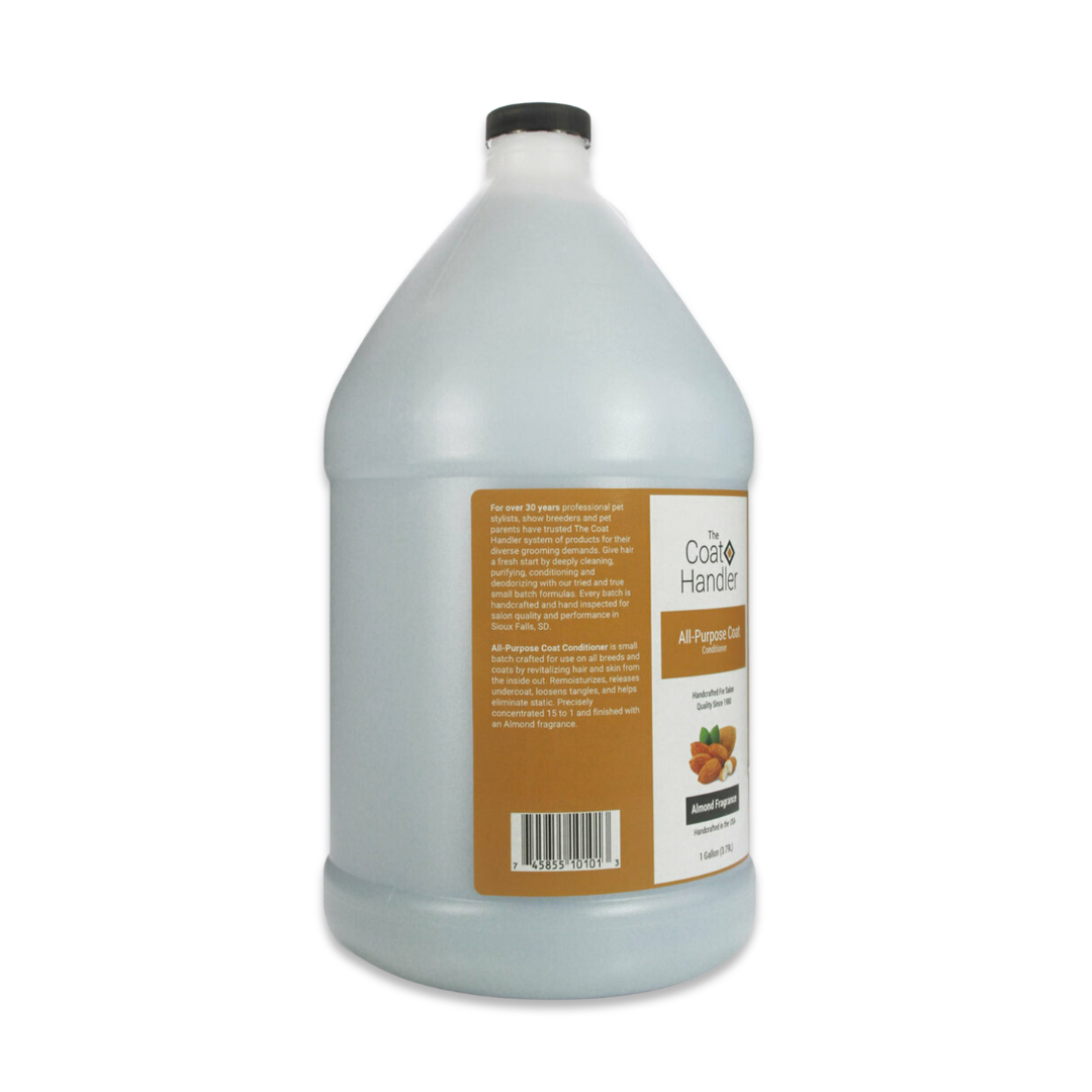 Left side view of The Coat Handler All-Purpose Coat Conditioner gallon jug, showcasing product description