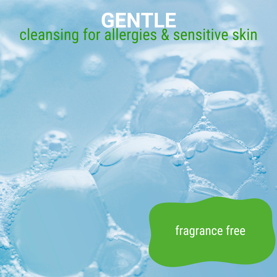 Close-up of light blue soap bubbles accompanied by the text: 'gentle cleansing for allergies and sensitive skin, fragrance free'