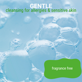 Close-up of light blue soap bubbles accompanied by the text: 'gentle cleansing for allergies and sensitive skin, fragrance free'