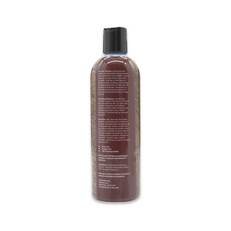 Back view of The Coat Handler Clarifying Shampoo 16 oz bottle, showcasing product label with ingredients and description