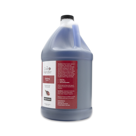 Right side view of The Coat Handler Clarifying Shampoo gallon jug, showcasing directions and ingredients