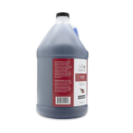 Left side view of The Coat Handler Clarifying Shampoo gallon jug, showcasing product description