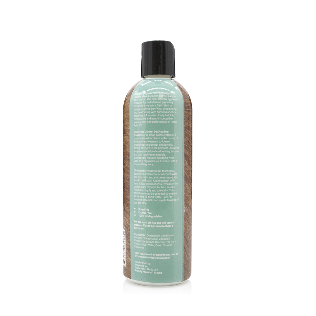 Back view of The Coat Handler Undercoat Control DeShedding Conditioner 16 oz bottle, showcasing product label with ingredients and description