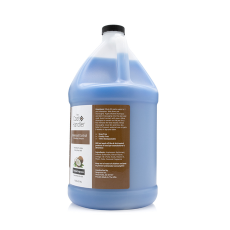 Right side view of The Coat Handler Undercoat Control DeShedding Shampoo gallon jug, showcasing directions and ingredients