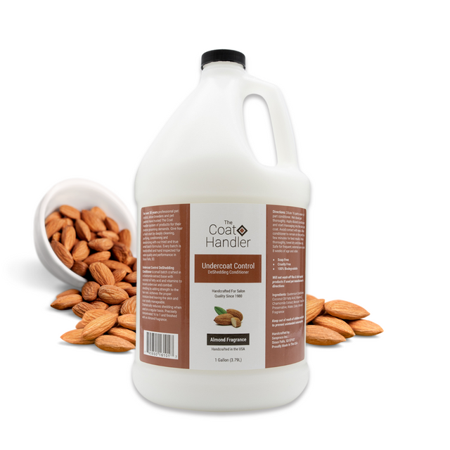 Gallon jug of The Coat Handler Undercoat Control DeShedding Conditioner, displayed with whole almonds spilling from a white bowl