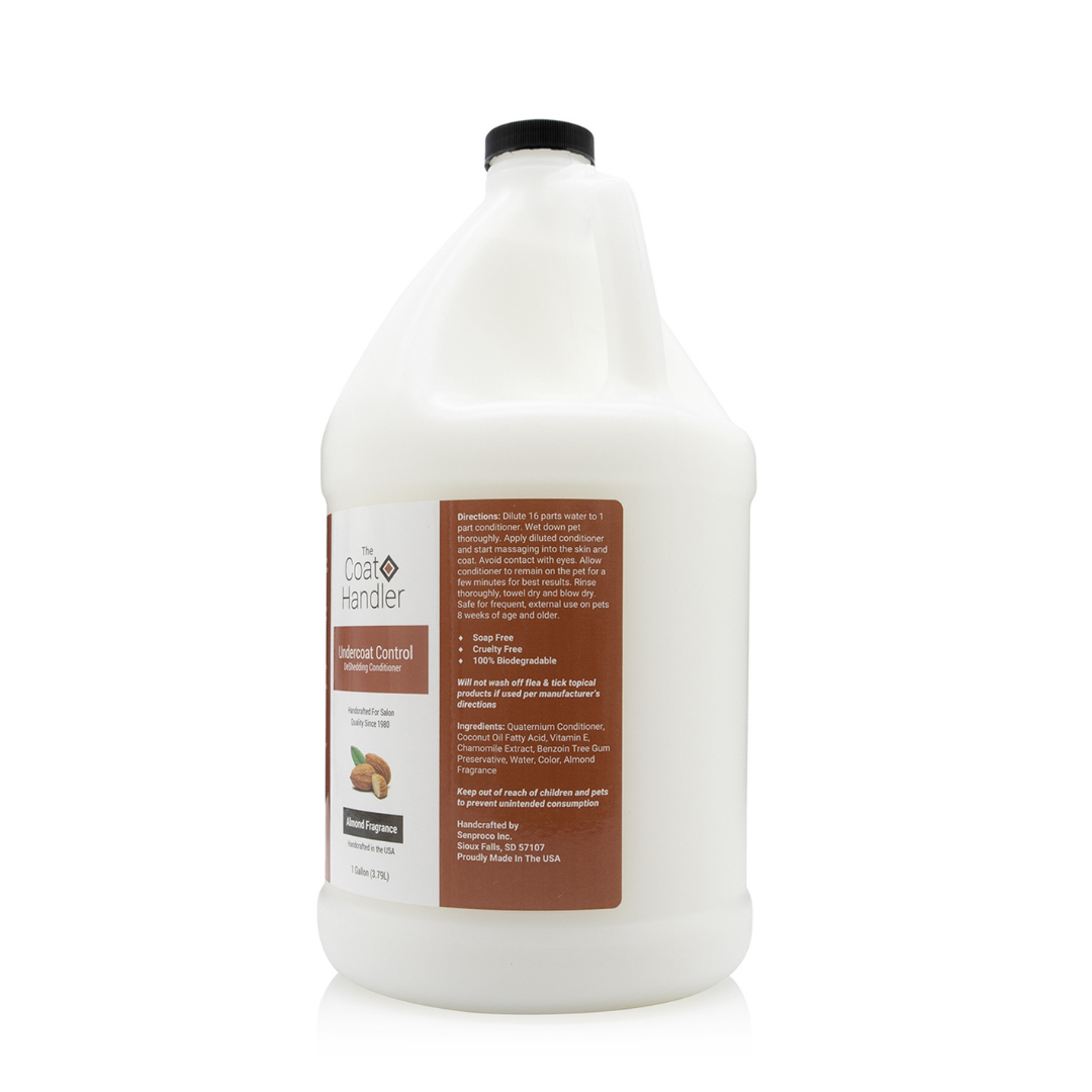 Right side view of The Coat Handler Undercoat Control DeShedding Conditioner gallon jug, showcasing directions and ingredients