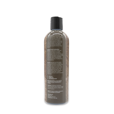 Back view of The Coat Handler Undercoat Control DeShedding Shampoo 16 oz bottle, showcasing product label with ingredients and description