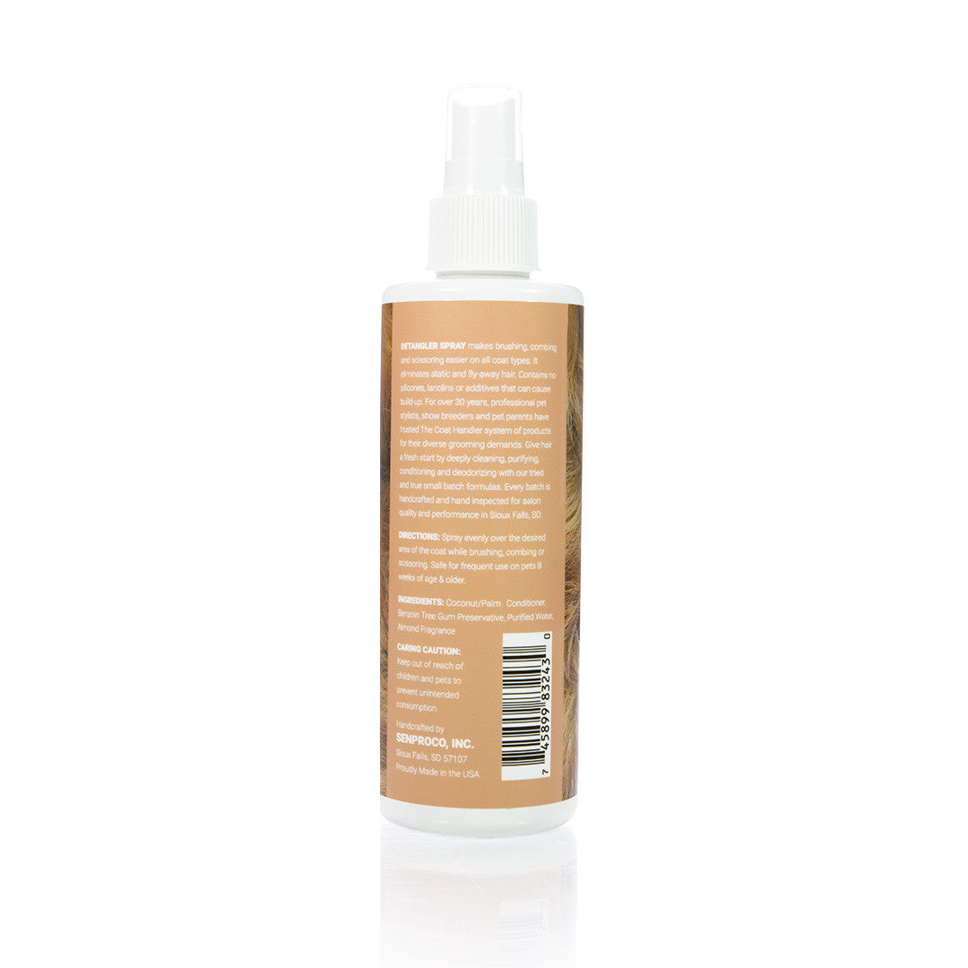 Back view of The Coat Handler Detangler Spray 8 oz bottle, showcasing product label with ingredients and description