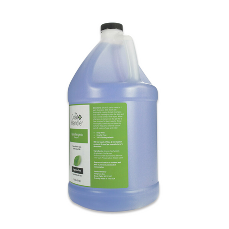 Right side view of The Coat Handler Hypoallergenic Shampoo gallon jug, showcasing directions and ingredients
