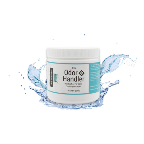 1 lb container of The Odor Handler emerging from a splash of clear water