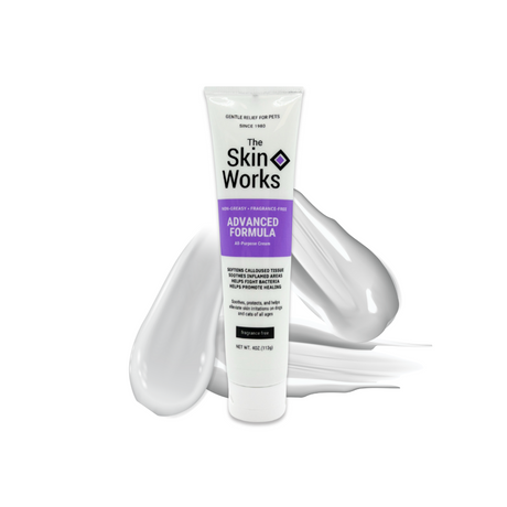 4 oz tube of The Skin Works displayed with a soft, creamy lotion texture in the background