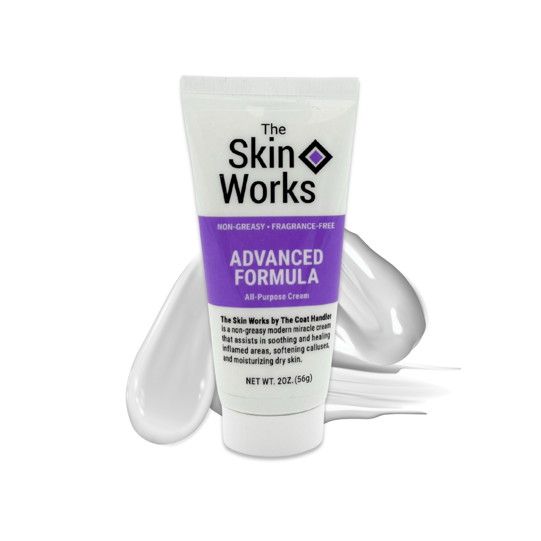 2 oz tube of The Skin Works displayed with a soft, creamy lotion texture in the background
