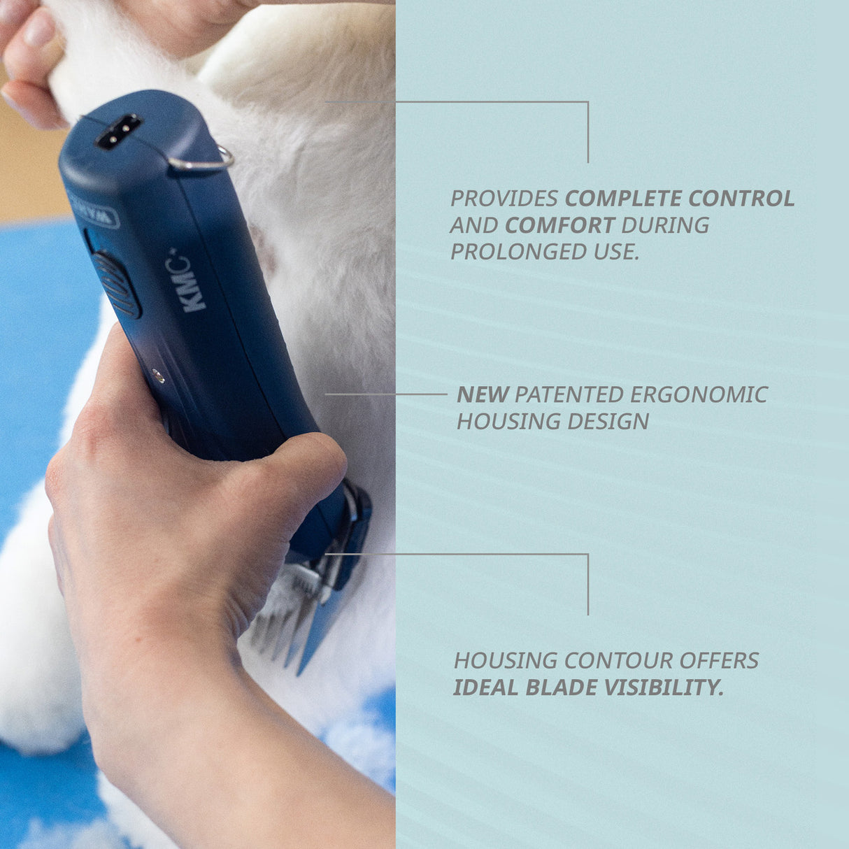 Navy Wahl KMC+ shown in use with text on its ergonomic design and blade visibility