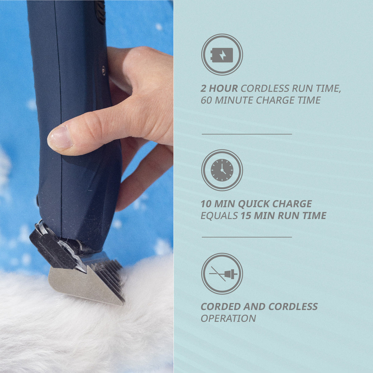 Navy Wahl KMC+ shown in use with an attachment guide comb. Text highlights run time, charge time and its corded/cordless operation. 