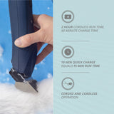 Navy Wahl KMC+ shown in use with an attachment guide comb. Text highlights run time, charge time and its corded/cordless operation. 