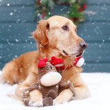 Golden Retriever with ZippyPaws Large Reindeer Holiday Crinkle Dog Toy against a snowy backdrop