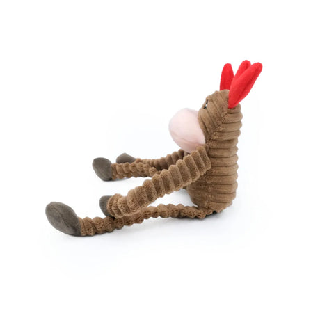 Side view of Small ZippyPaws Reindeer Holiday Crinkle Dog Toy on white background