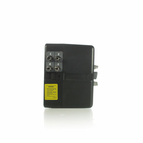 Left side view of BatherBox® Pet Bathing System, showing four numbered vinyl tube quick connect ports