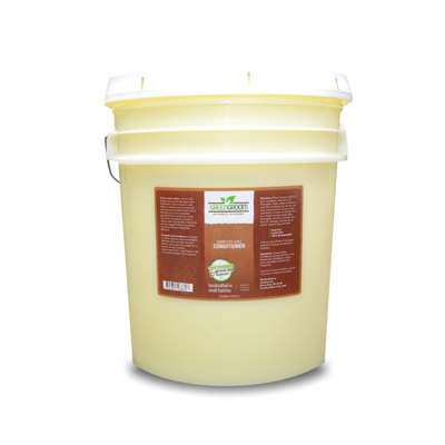 5 gallon pail of Green Groom Complete Coat Conditioner, showcasing product label with ingredients and description