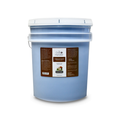 5 gallon pail of The Coat Handler Undercoat Control DeShedding Shampoo, showcasing product label with ingredients and description