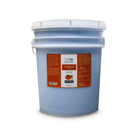 5 gallon pail of The Coat Handler All-Purpose Coat Conditioner, showcasing product label with ingredients and description