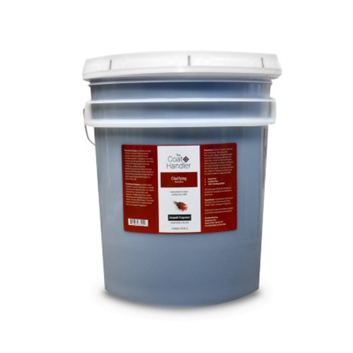 5 gallon pail of The Coat Handler Clarifying Shampoo, showcasing product label with ingredients and description