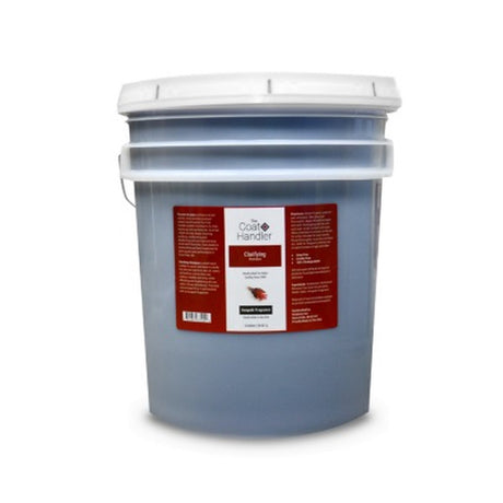 5 gallon pail of The Coat Handler Clarifying Shampoo, showcasing product label with ingredients and description