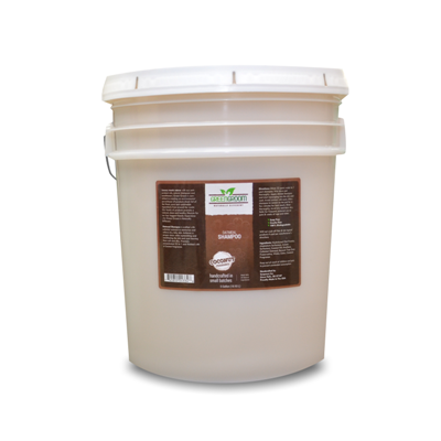 5 gallon pail of Green Groom Oatmeal Shampoo, showcasing product label with ingredients and description