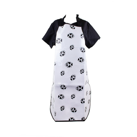 EZ Care Vinyl Grooming Apron, White with Paw Prints