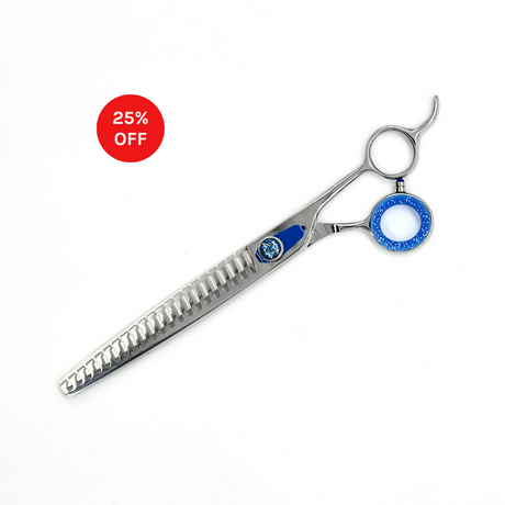 Closed view of Monk Blue 8.5" 21-Tooth Blending Shear with 25% off sale badge