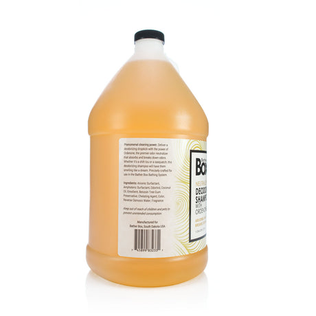 Side view of BatherBox® Deodorizing Shampoo gallon jug, showcasing product label with ingredients and description