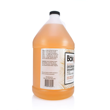 Side view of BatherBox® Degreasing Shampoo gallon jug, showcasing product label with ingredients and description