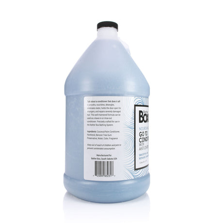 Side view of BatherBox® Go To Conditioner gallon jug, showcasing product label with ingredients and description