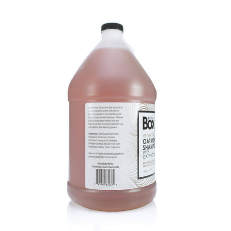 Side view of BatherBox® Oatmeal Shampoo gallon jug, showcasing product label with ingredients and description