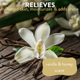 Close-up of vanilla pods and blooming vanilla orchid flowers on a table, accompanied by the text: 'relieves inflamed skin, moisturizes and adds shine, vanilla & honey scent'