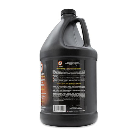 Side view of Petology Oatmeal Honey Soothing Conditioner gallon jug, showcasing product label with ingredients and description