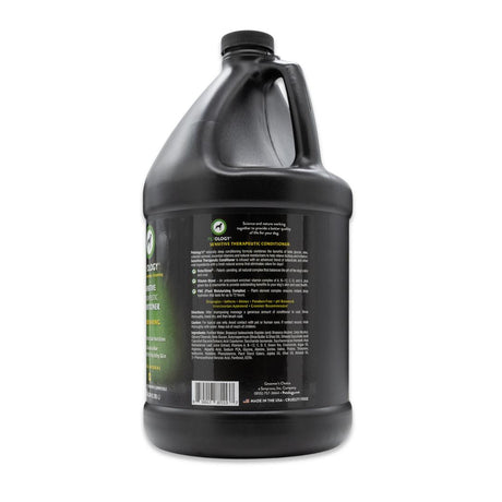 Side view of Petology Sensitive Therapeutic Conditioner gallon jug, showcasing product label with ingredients and description